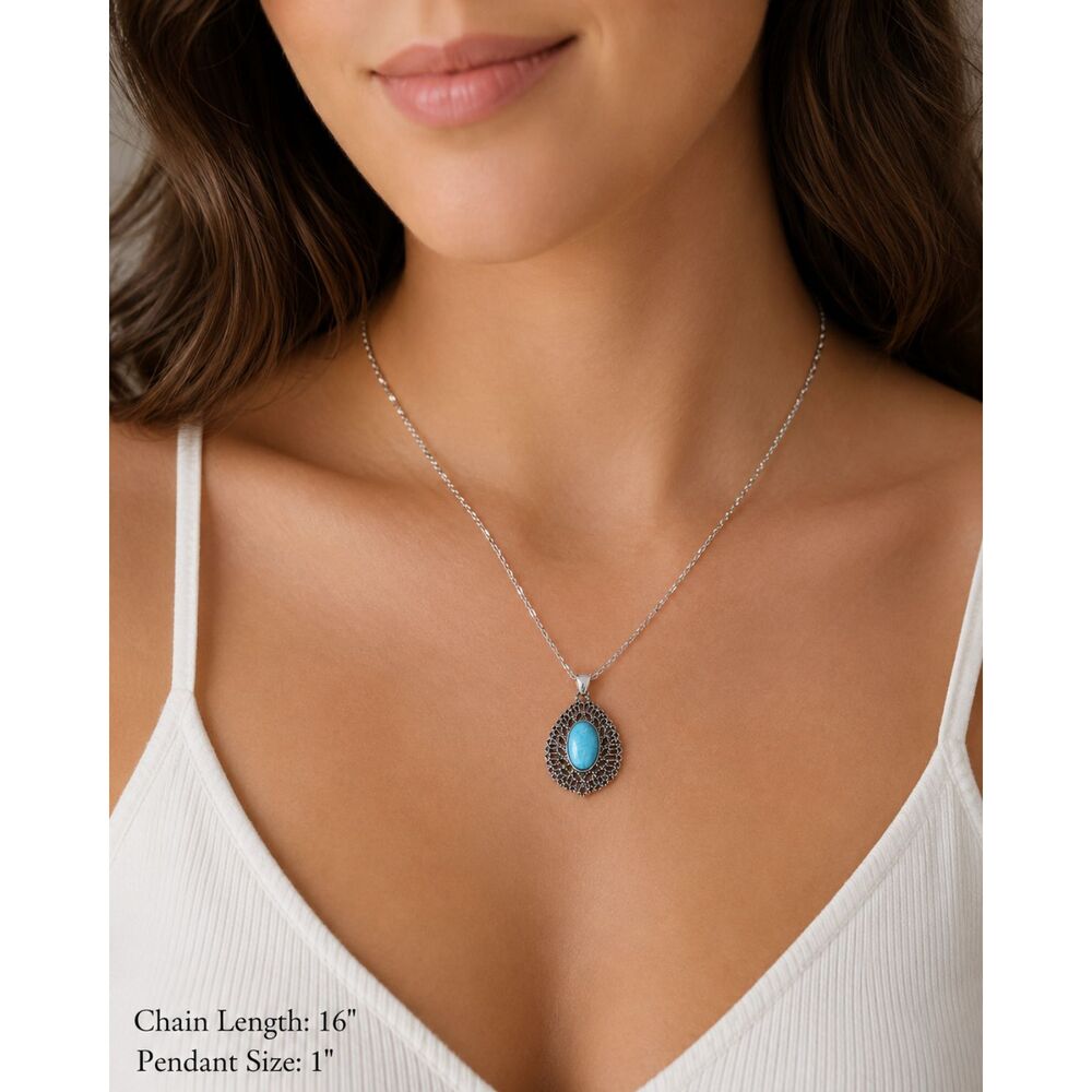 Boho Vintage Style Turquoise-like Blue Oval Pendant Necklace - Picture 4 of 5